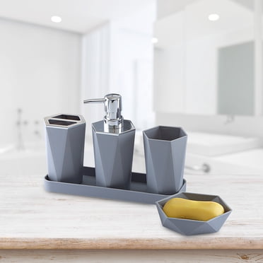 Dvkptbk Fournitures de Nettoyage Accessoires pour la Maison Ensemble d'Accessoires de Salle de Bain 5 Pcs avec Pompe Distributrice de Savon, Brosse à Dents, Gobelet et Porte-Savon Plateau de Salle de Bain Ensemble de Douche Boîte Ensemble de Bouteilles de Salle de Bain