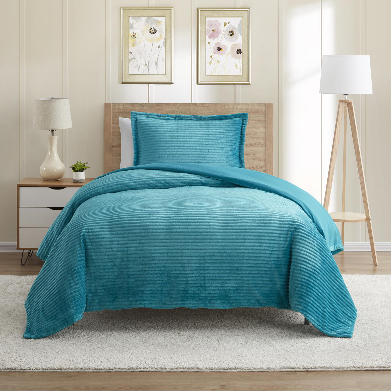 Nestl Ensemble de Housse de Couette, Design Réversible avec devant en Molleton Peluche Découpé et Dos en Microfibre Brossée Douce pour Couettes, Ensemble 2 Pcs avec Fermeture Éclair et Attaches, Housse de Couette Lit Simple, Bleu Sarcelle