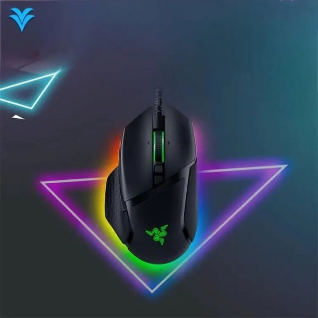 Razer Basilisk V3 Customizable Gaming Mouse featuring 26000 DPI optical sensor, 10+1 programmable macro buttons, and 11 Razer Chroma RGB lighting zones. The ergonomic design includes a thumb rest and a hyperscroll tilt wheel for precision and comfort. Displayed with dynamic RGB lighting effects on a dark background with geometric accents.