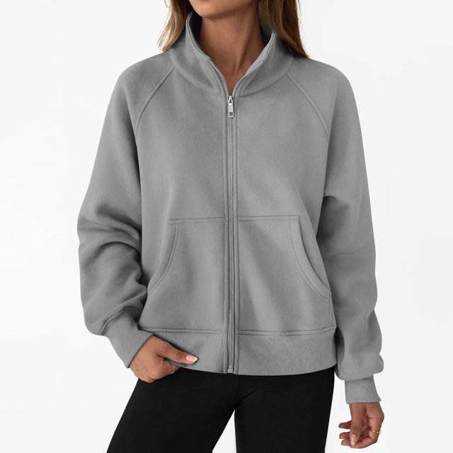CHCNHAC Vestes à Capuche Zippées pour Femmes Décontractées Douces Confortables en Polaire Poches Doubles Grande Taille Col Rond Chandail en Molleton Mode Hiver Gris m