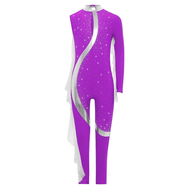 Aislor Girls Gymnastics Unitard Costume Rhinestone Metallic Patchwork Long Sleeve Jumpsuit for Ballet Dance 6-16 Years Purple 8