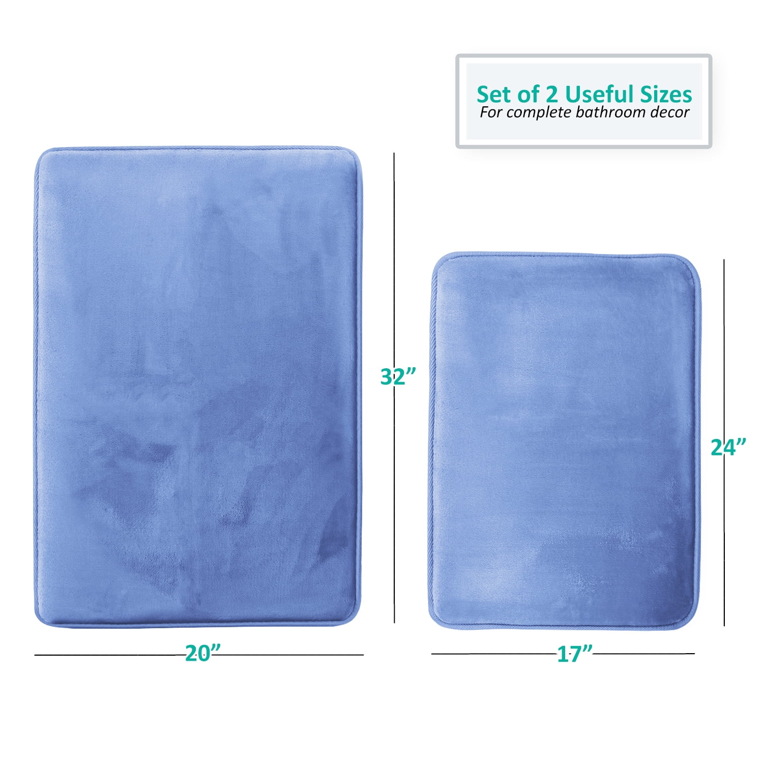 Set of 2 Large Clara Clark Bath Mat Bathroom Rug - Absorbent Memory Foam Bath Rugs - Non-Slip, Cozy Velvet Feel Microfiber Bathrug, Plush Shower, Toilet- Floor Bathmats Carpet - Calm Blue - 20"x32"