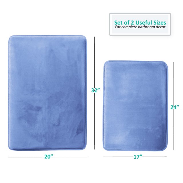 Set of 2 Clara Clark Bath Mat Bathroom Rug - Absorbent Memory Foam Bath Rugs - Non-Slip, Cozy Microfiber Bathrug, Plush Shower, Toilet Bathmats - Calm Blue - Large Size 20"x32" Small Size 17”x24”