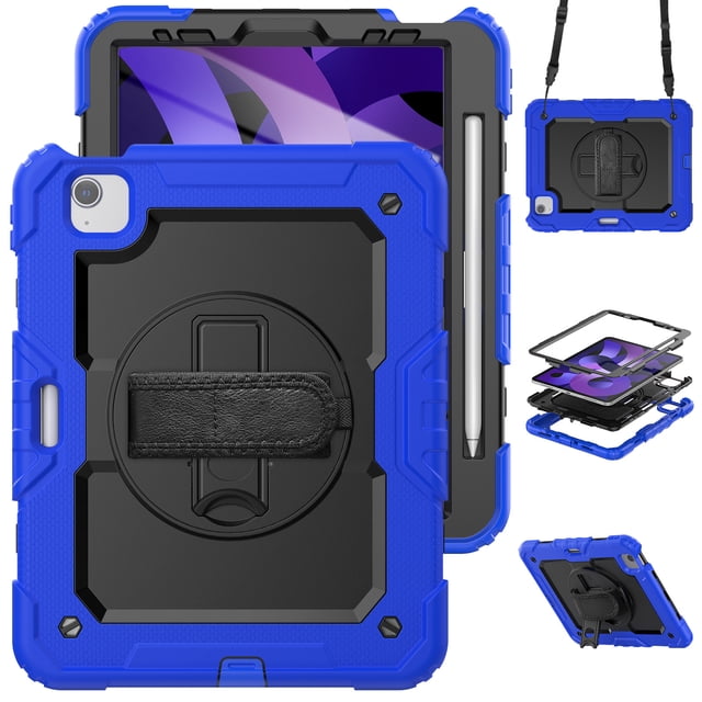 XYX For iPad Air 5th/4th Generation 10.9 inch 2022/2020 Case, 360 Rotating Shockproof Cover with Stand, Screen Protector, Shoulder Strap, Blue