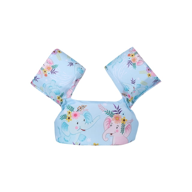 Honganda Swimming Ring Pool Cartoon Life Jacket Safety Vest Puddle Jumper made of durable light blue polyester with a cheerful elephant and floral print. Features arm wings for buoyancy, adjustable straps for a secure fit, and is ideal as a kids' flotation device for toddlers aged 2-6 years. Suitable for swimming in pools, lakes, or the sea.
