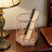 RRJ Desk Organizer, Metal Pen Holder, Hexagon Makeup Brush Organizer Gold, Multi Use Office Supplies Storage Container, Home Office Desk Accessory, Vanity Cosmetic Brush Holder