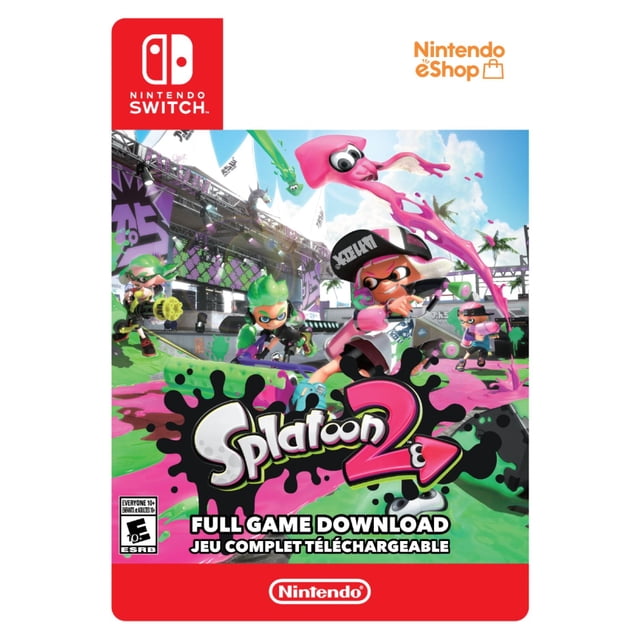 Nintendo Switch Splatoon 2 79.99 (Digital Code) cover art showing Inklings engaged in a colorful 4-on-4 ink battle, splatting pink and green ink in a vibrant urban arena with palm trees and a bright blue sky, featuring Nintendo Switch and Nintendo eShop logos.