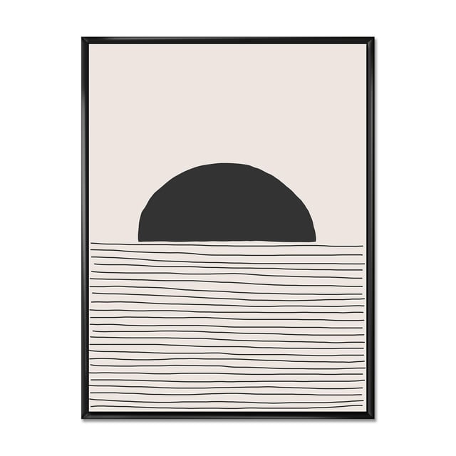 Designart Lignes Géométriques Minimalistes et Cadre Flottant en V en Forme de Cercle ART Mural Affichant un Demi-Cercle Noir au-Dessus de Fines Lignes Horizontales Noires sur Toile de Coton beige de Qualité Supérieure, Enveloppé et Tendu sur un sous-Cadre en Bois de 1 Po dans un Cadre Flottant Noir, Arrivant Prêt à Accrocher pour la Décoration Intérieure Moderne.