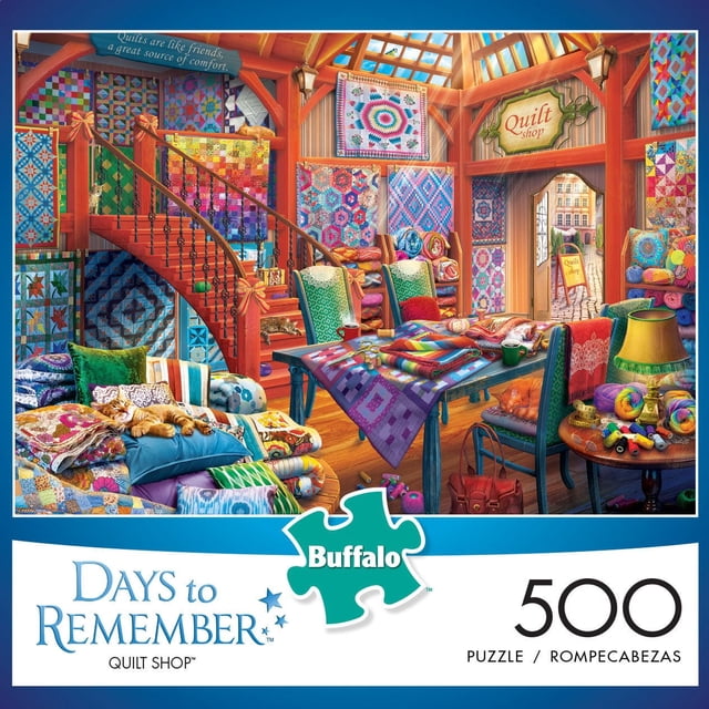 Buffalo Games Jours pour Se Souvenir Boutique de Couettes Casse-Tête de 500 Pcs Montrant un Intérieur de Boutique de Couettes Coloré avec des Poutres en Bois, un Escalier en Spirale et des Murs Recouverts de Couettes à Motifs. la Scène Comprend une table avec des Couettes Pliées, des Pelotes de Laine, des Fournitures de Couture et un Chat orange Endormi sur des Coussins. le Casse-Tête Mesure 21,25 par 15 Pouces et Comprend une Affiche bonus pour Référence d'Assemblage.