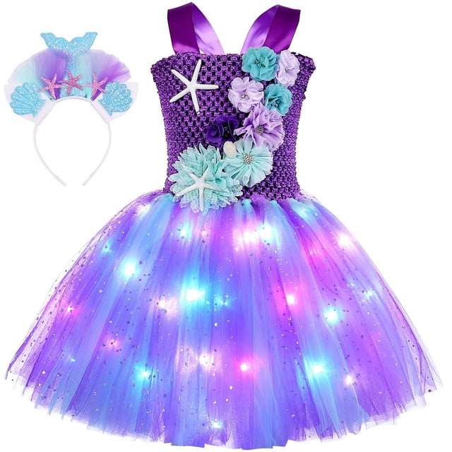 MIASHUI Princess Déguisement pour Filles Lampe LED Danse Fête Robes Ensemble Bandeau, Violet Foncé, 2-3 Ans