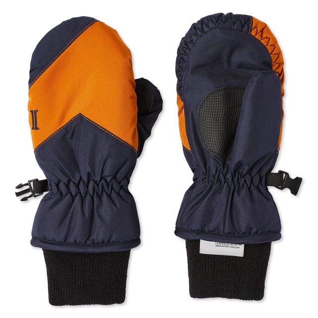Igloos boys' ski mittens featuring navy blue and orange color blocking, elasticized wrists, textured palm grip, adjustable side clips, and black knit cuffs for warmth.