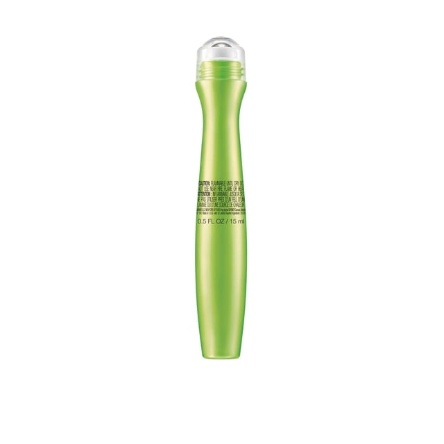Garnier Skin Renew Anti-Puff Eye Roller in a green contoured tube with clear cap and metal roller applicator, containing 15 mL of gel with vitamin C, mint, and caffeine to reduce under-eye puffiness and dark circles while refreshing skin and stimulating micro-circulation.