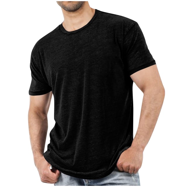 Plebaso Men's Short Sleeve Crew Neck T-Shirts Casual Solid Color Tshirts Breathable Mens Summer Basic Tees in black. Made from lightweight polyester fabric, this short-sleeve crew neck shirt is breathable and comfortable, perfect for summer casual wear or outdoor activities. Styled with light blue jeans, it showcases versatility for men's everyday fashion.