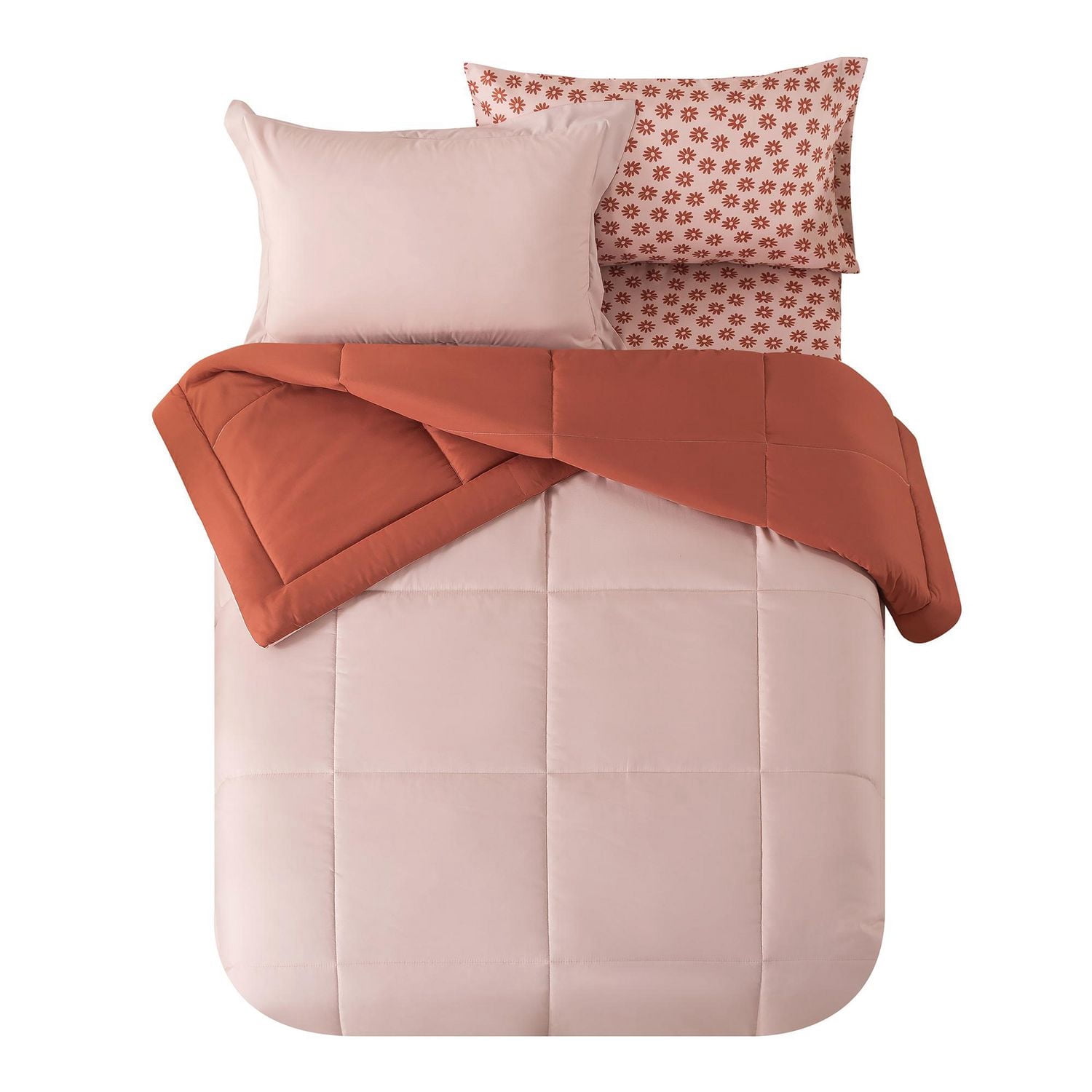Mainstays – Ensemble de literie tout-en-un réversible avec couette et draps, 5 pièces, format simple très grand (Twin XL), rose blush