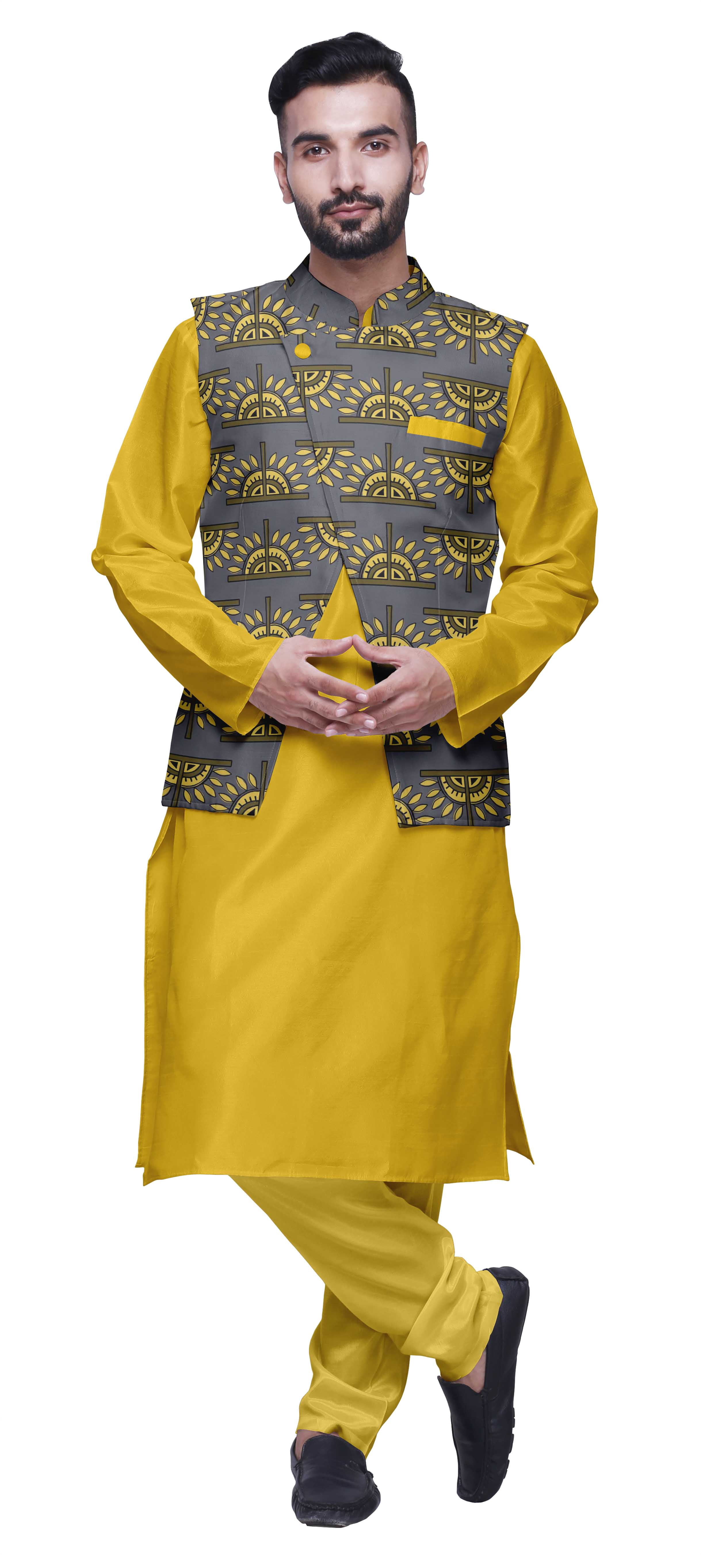 Atasi Kurta Churidar Uni avec Ensemble de Jecket Imprimé pour Hommes, Tenue de Fête d'Été