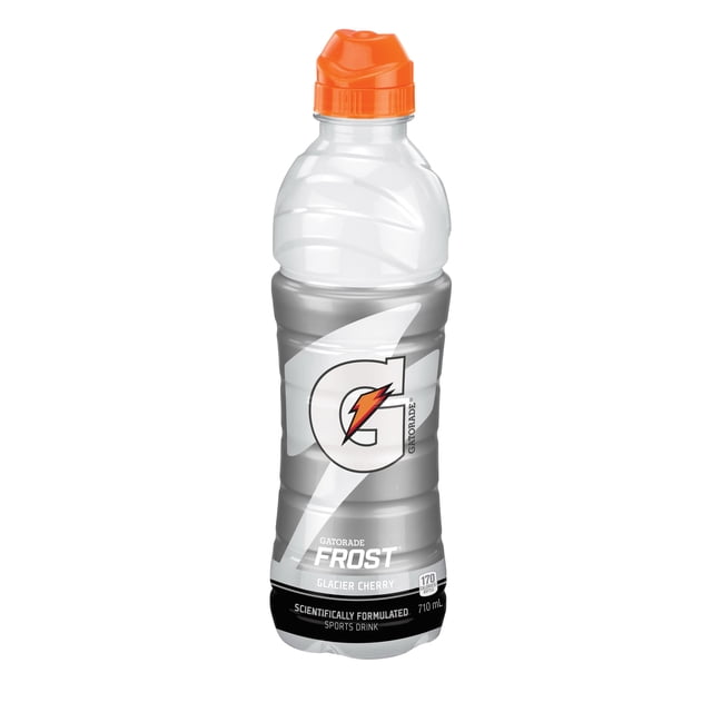Gatorade Frost Glacier Cherry Sports Drink 710 mL bottle with clear plastic body and orange sports cap, featuring the Gatorade logo, scientifically formulated to rehydrate, replenish electrolytes, and refuel muscles with carbohydrates, suitable for athletes during training and games.