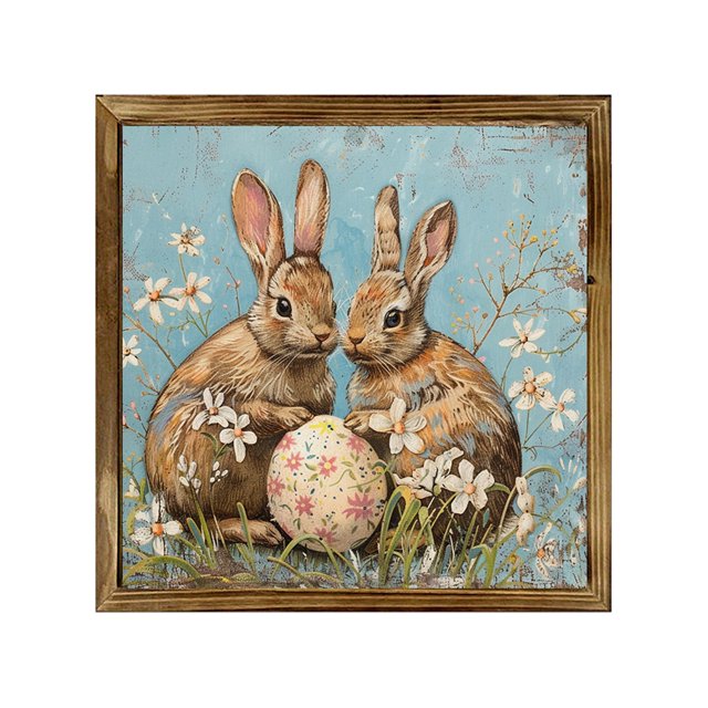 Honganda Easter Photo Frame Ornament Bunny Easter Egg Pattern Wooden Decorative Picture Frame for Desktop Wall Home Holiday Decor
