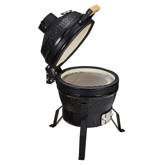 GloryStar 13'' Portable Ceramic Charcoal Grill & Smoker with Cast Iron Grates, 10.6" Stainless Steel Cooking Grate, Heat Deflectors, and Ash Tool for Outdoor Barbecue or Baking