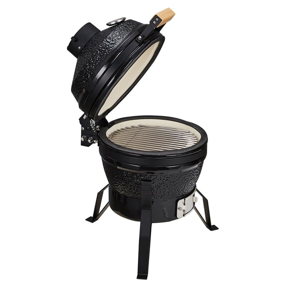 GloryStar 13'' Portable Ceramic Charcoal Grill & Smoker with Cast Iron Grates, 10.6" Stainless Steel Cooking Grate, Heat Deflectors, and Ash Tool for Outdoor Barbecue or Baking