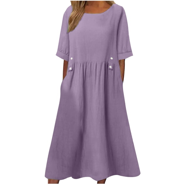 XZNGL Robe d'Été pour Femmes Aguichant Robe de Printemps et d'Été pour Femmes Col Rond Uni Coton et Lin Décontractée avec Poches Robe à Manches Courtes Robe d'Été pour Femmes avec Manches
