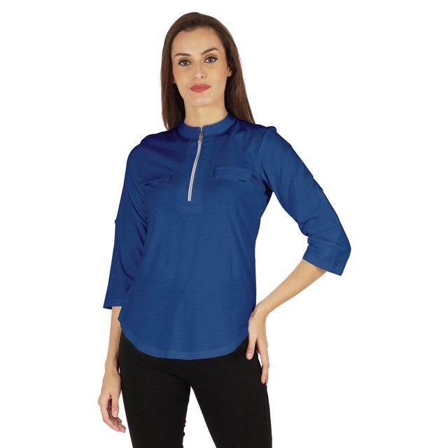 Inkmeso Stylish Mandarin Collar Top For Women Casual Solid Relaxed-Fit Zipper Front Tunic