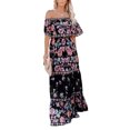 thumbnail image 4 of MAWCLOS Femmes Été Plage Robe Soleil Floral Imprimé Maxi Robes de l'Épaule Longue Robe de Vacances en Vrac à Manches Courtes Noire Pivoine M, 4 of 5
