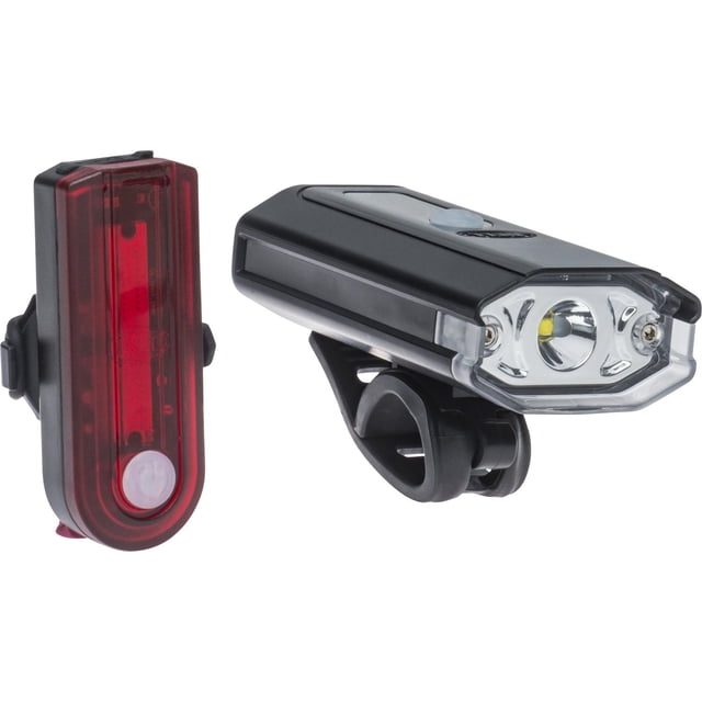 Bell Sports Lumina™ 1075 Ensemble de Lumières USB avec un Phare Noir de 400 Lumens Comprenant une Lentille Transparente et une DEL Simple sur un Support à Sangle en silicone, et un Feu Arrière COB Rouge de 30 Lumens avec Couvercle Translucide et Bouton Blanc, Tous Deux Rechargeables par USB avec modes Stables et Clignotants pour la Visibilité et la Sécurité du Vélo.