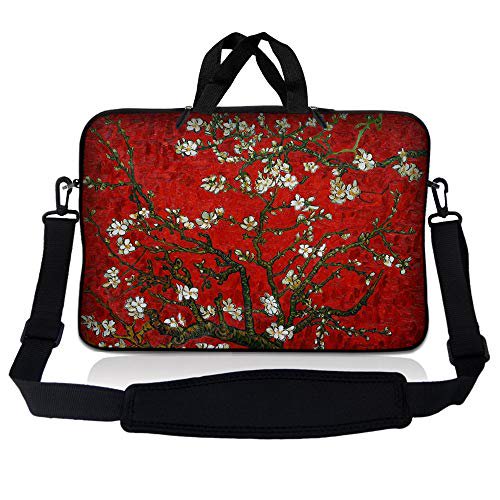 Sac Pochette pour Ordinateur Portable en Néoprène 17-17,3 Pouces, Étui de Transport avec Poignée et Bandoulière Ajustable - Amandiers Rouges