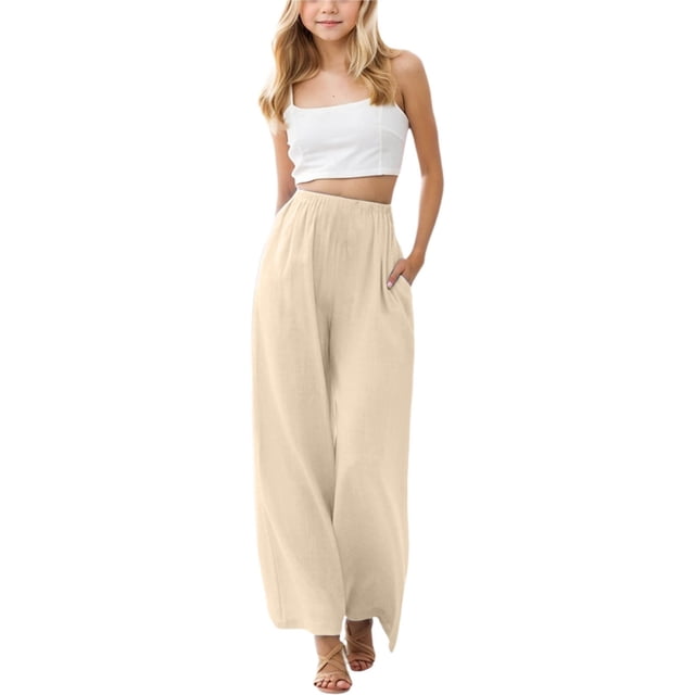 MIASHUI Girls Summer Loose Pants Solid Color Flower Wide Leg Beach Pants,Beige,4-5 Years