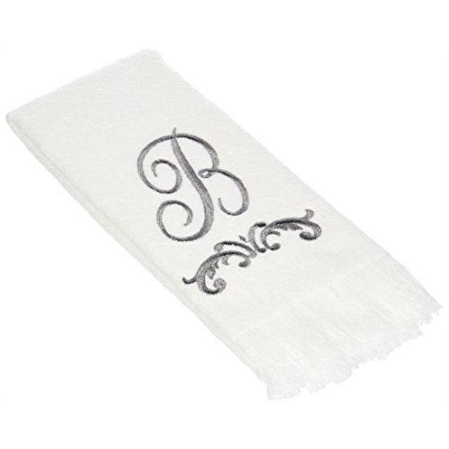 Avanti Linens - Monogram Embroided Fingertip Towel, 100% Cotton Bathroom Decor, E-Scroll, White/Pewter