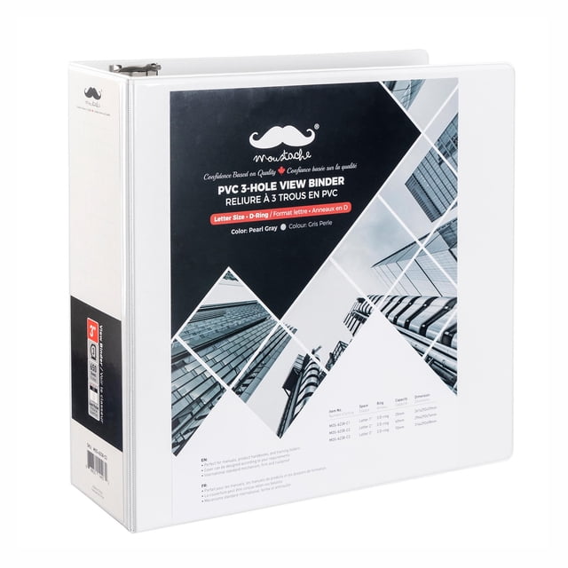 Moustache PVC 3-Hole View Binder in white with a letter size format and D-rings. The binder features a customizable cover, back-mounted 2-inch or 3-inch D-rings for flat page alignment, and two interior pockets. Suitable for manuals, handbooks, and training folders. Dimensions are 296x292x74mm for the 2-inch version and 314x292x98mm for the 3-inch version. Holds up to 500 sheets for the 2-inch spine and 650 sheets for the 3-inch spine.