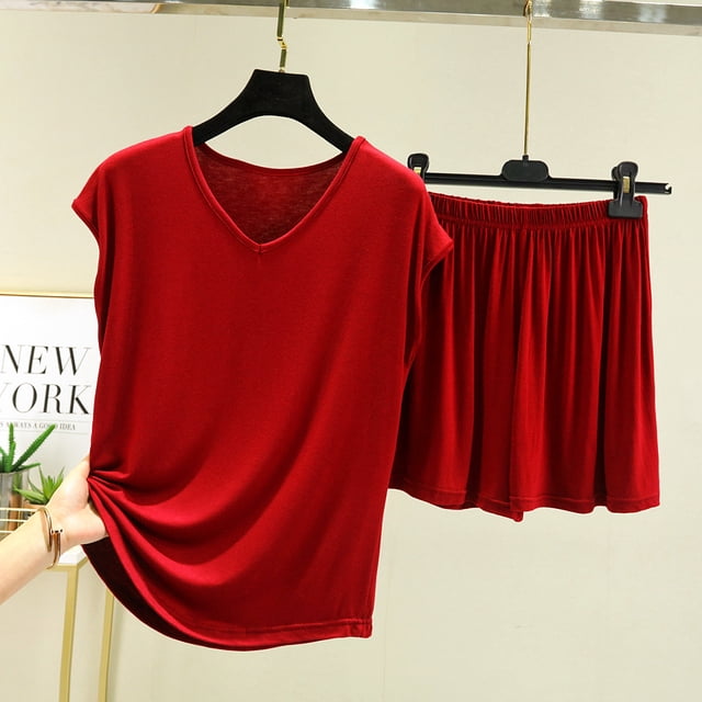 HWRETIE Women's Two Piece Outfit Short Sleeve Top And Shorts Solid Color Casual Summer Set