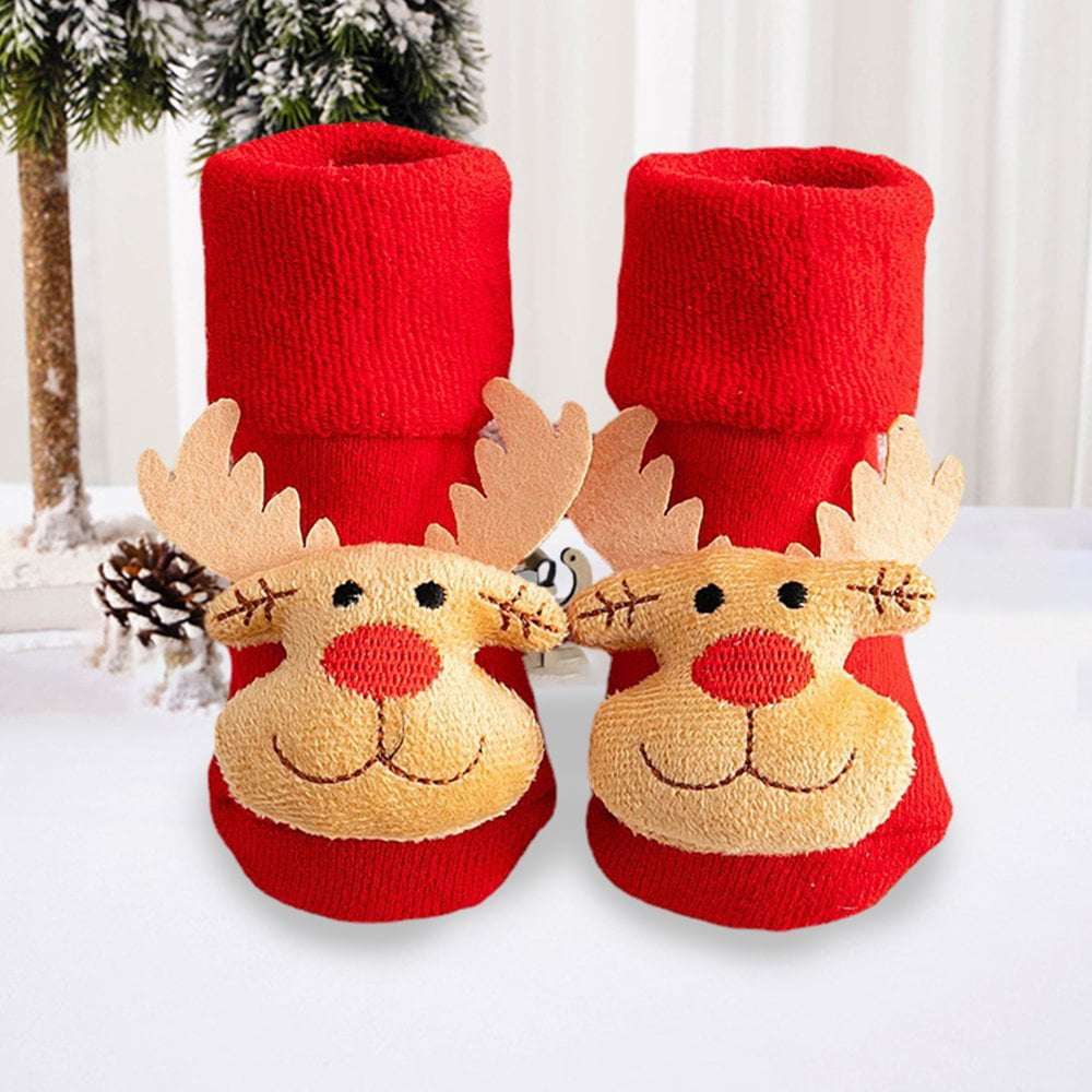 1 Pair Baby Christmas Socks Non-slip Thickened Warm New Year Anti-skid Bottom Cartoon Decor Newborns Infant Short Socks Kids Toddler Children Winter Socks