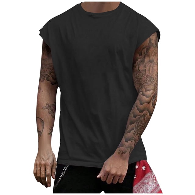 BADHUB Mens Workout Hooded Tank Tops Drawstring Muscle Stretch Sleeveless Solid Color Shirts Loose Gym Vest Clearance Black M