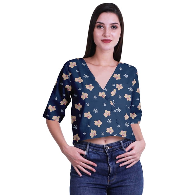 Moomaya Haut en Coton Imprimé pour Femmes, Crop Top à Col en V, Manches au Coude, Blouse d'Été, T-shirt
