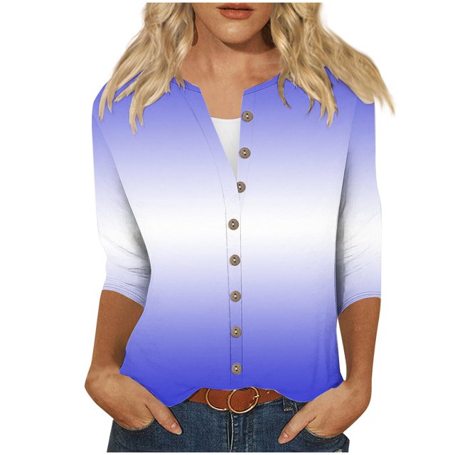 cfhntfmh 3/4 Length Sleeve Womens Tops Fashion V Neck Loose Printed Cardigans Lounge Buttons down Blouses