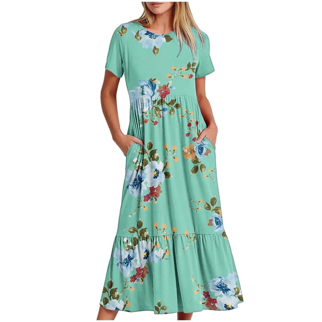 Dvkptbk Robes d'Été pour Femmes 2024 Mode Décontractée Bohème à Fleurs Robes de Plage Manches Courtes Col Rond Robe d'Été Fluide Maxi Robe de Plage Longue Robe Midi de Plage avec Poches P-2TG