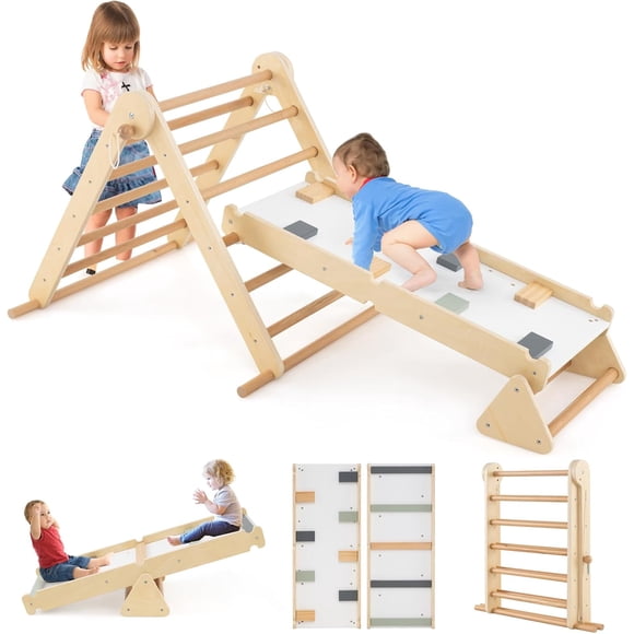 OLAKIDS Ensemble Triangle Pikler 7 en 1 Jouets d'Escalade pour Tout-Petits Pliable Bébé Bois Montessori Gymnase Jungle avec Échelle à Angle Ajustable Balançoire Rampe Aire de Jeux Intérieure