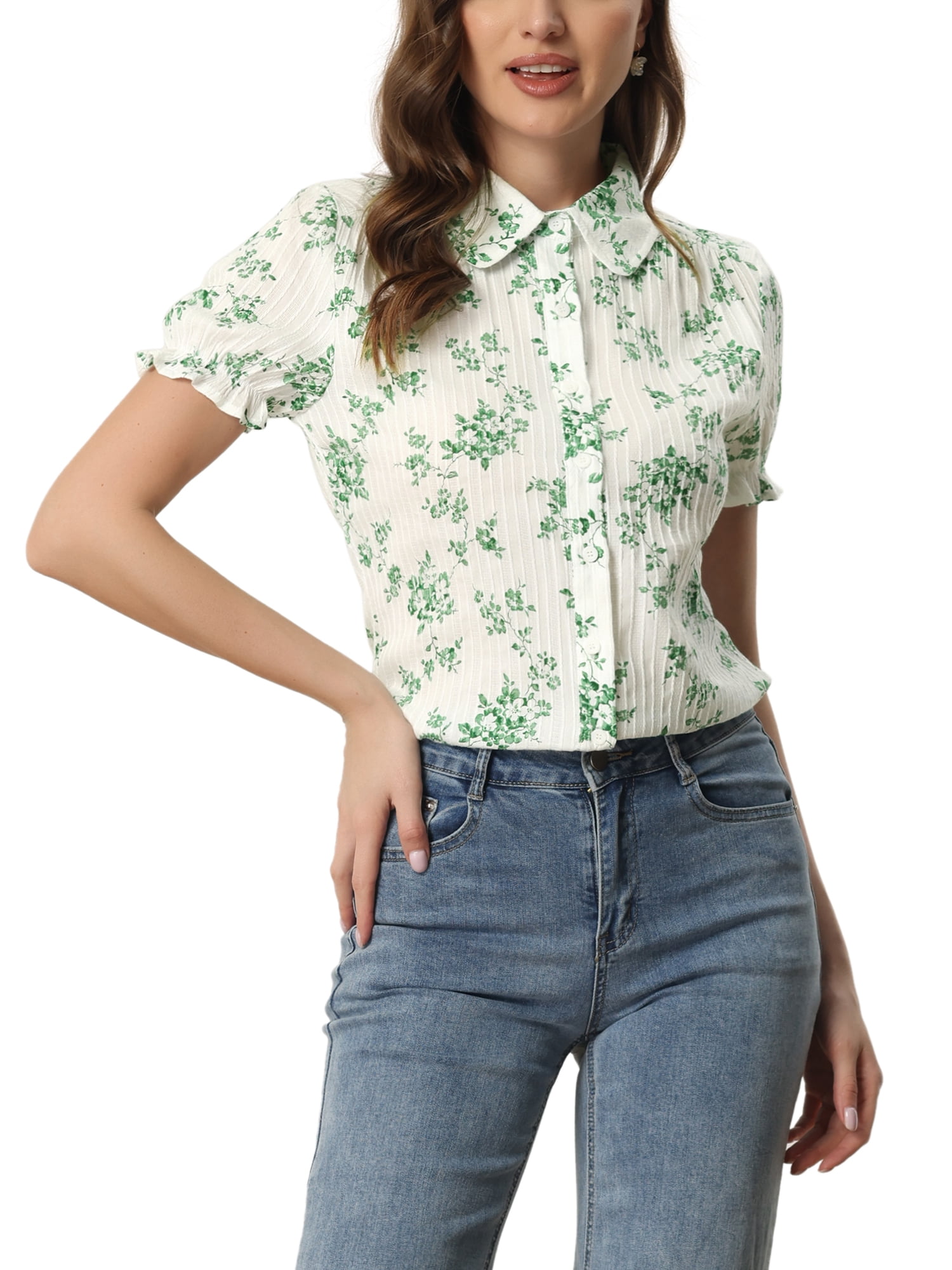INSPIRE CHIC Hauts à Volants pour Femmes Manches Bouffantes Col Peter Pan Blouse en Coton à Imprimé Floral m Vert