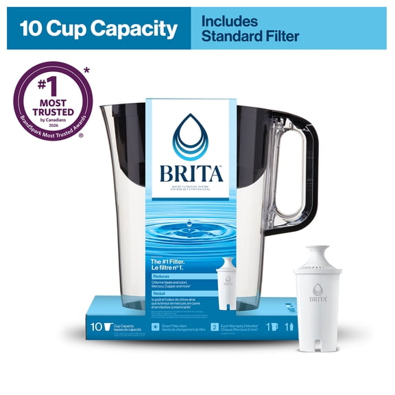Brita Large 10 Cup Water Filter Pitcher with 1 Standard Filter, Made Without BPA, Huron, Black