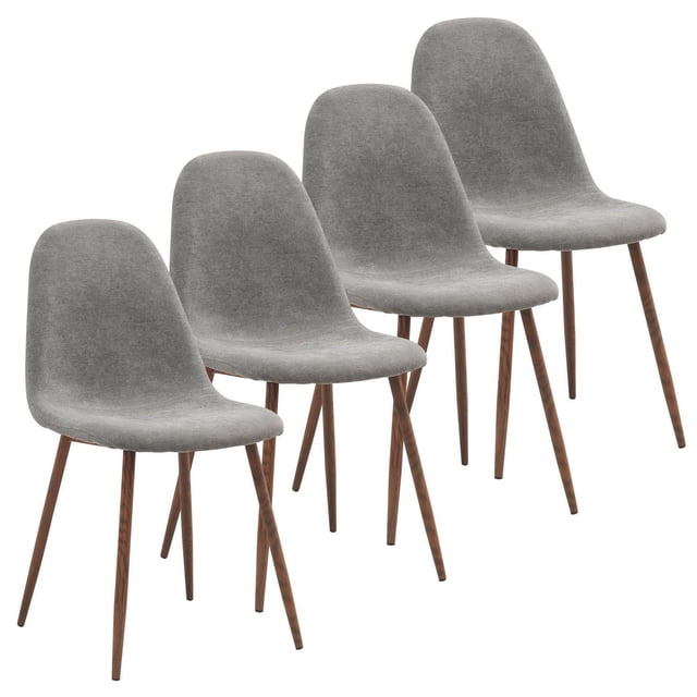 Dining Chair, Set of 4 with mid-century modern curved grey fabric-upholstered seats and foam padding, supported by walnut-finished metal legs, measuring 21.5 x 17 x 34.25 inches with a 19-inch seat height and 250 lbs weight capacity, suitable for kitchen and dining seating and versatile for various table styles.
