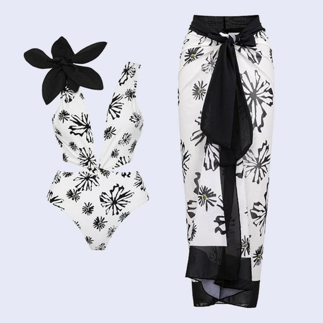 Maillot de Bain une Pièce pour Femmes avec Jupe de Plage Paréo Imprimé Floral Rétro Ensemble Bikini Deux Pièces