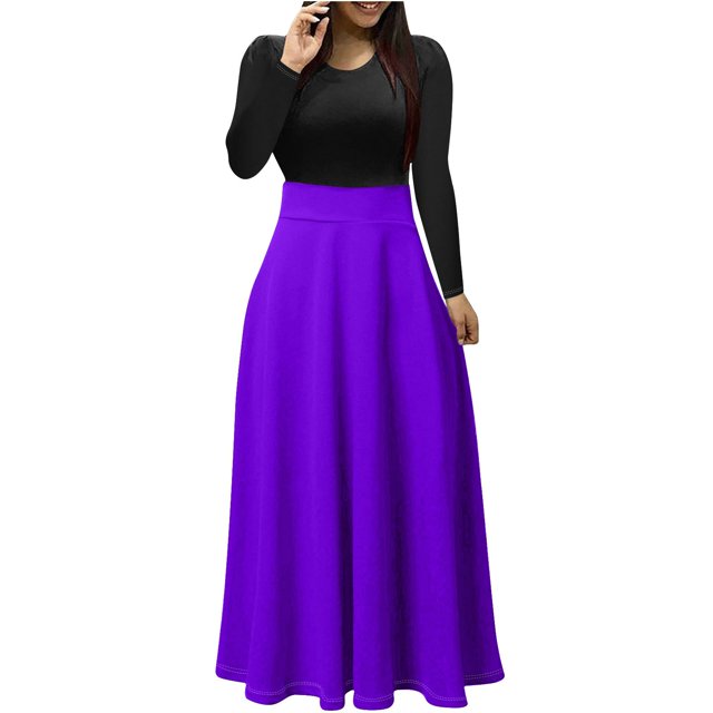 Robes de Boîte de Nuit Robe Maxi pour Femme Unie à Manches Longues à Col Rond à Enfiler Robe Patchwork Robes Midi pour Femmes 2024 S-77 Violet G