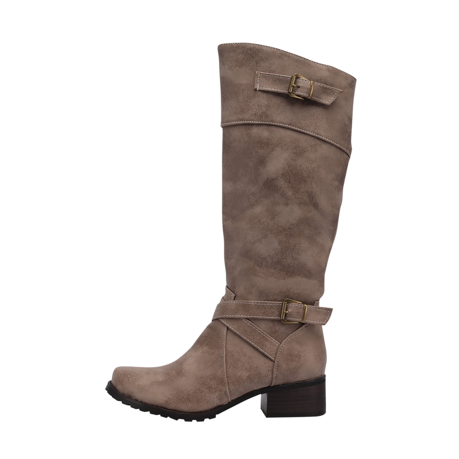 Womens Winter Boots With Belt Buckle Round Toe Low Heel Side Zipper Warm High Boots
