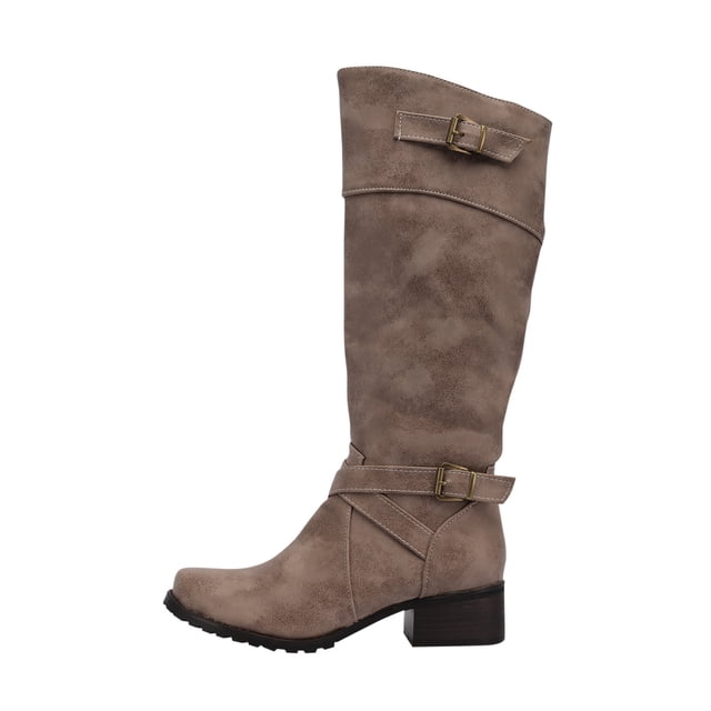 Womens Winter Boots With Belt Buckle Round Toe Low Heel Side Zipper Warm High Boots. These boots feature a solid pattern with a PU vamp material and a rubber sole. The design includes a round toe, low heel of 3-5 cm, and decorative belt buckles. The side zipper allows for easy wear, and the high boot style provides warmth, making them ideal for casual winter occasions.