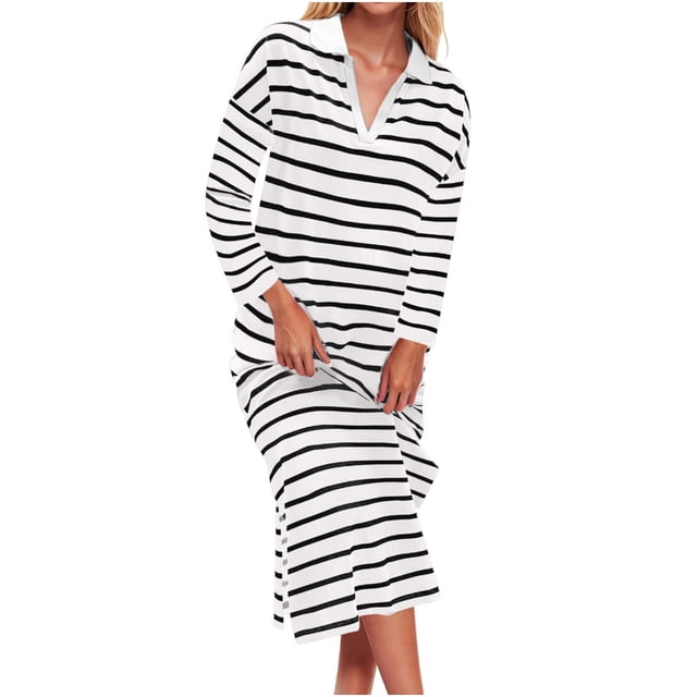 NJDVHB Robes d'Hiver pour Femmes, Robes Chandail Femmes, Robes de Vacances pour Femmes, Robe à Rayures pour Dames à Manches Longues Col à Revers Fente Latérale Décontractée de Plage Maxi, Blanc, TG