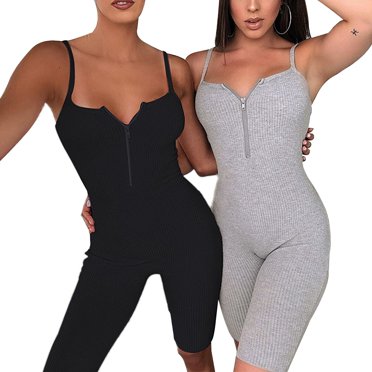 Women´s Sexy Zipper V Neck Bodycon Romper Ladies Summer Strappy Jumpsuit One Piece Playsuit Trousers