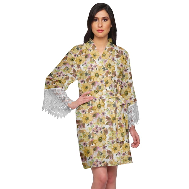 Moomaya Printed Short Robes For Women Cotton Robes For Women With Lace Trim