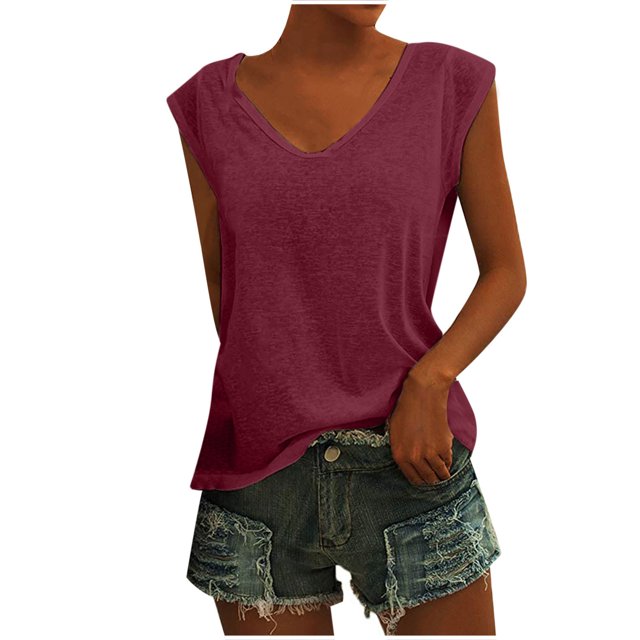 PVCS Womens Casual O-Neck Loose Soft Cap Sleeve Solid Color T-Shirt Blouse Tops
