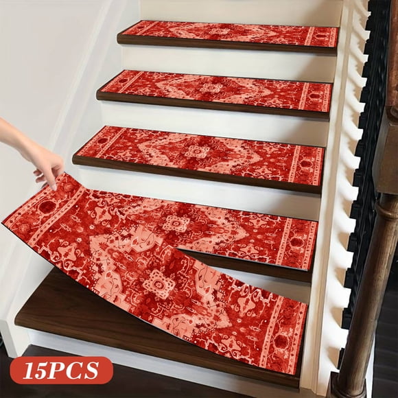 15 Pack Non-Slip Carpet Stair Treads for Indoor Runner, Polyester with Reusable Adhesive, 20 x 76 cm, Black Gray Red Green